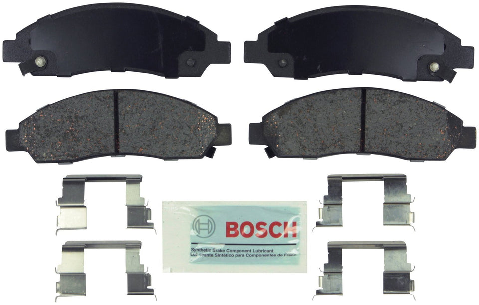 Bosch Blue front packaging showing complete pad set and hardware, reliable fit