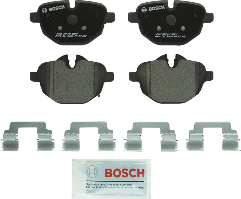 Bosch BP1473 rear packaging showing complete pad set and hardware, Bosch quiet operation
