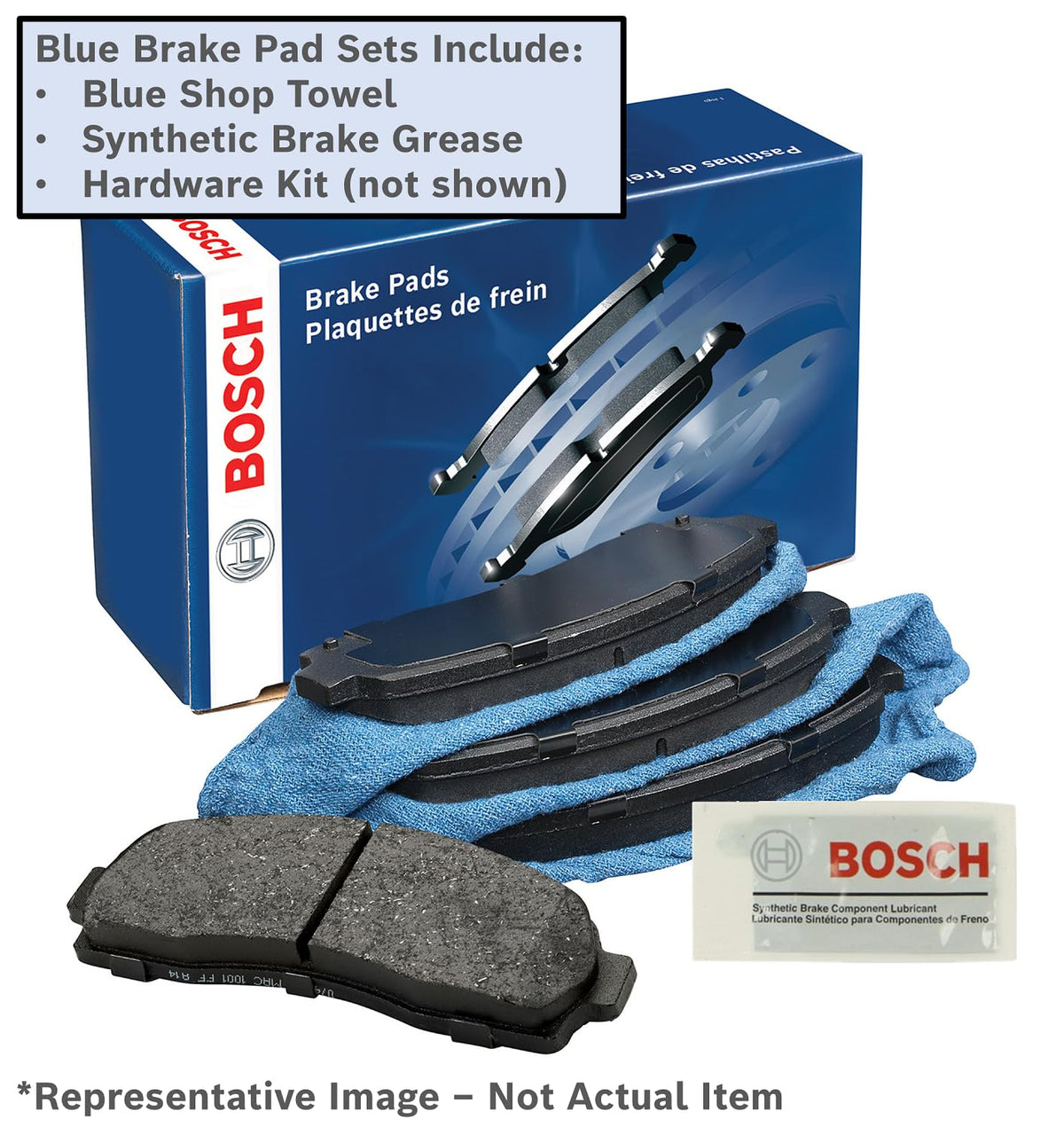 Close-up of Bosch pad shim and rust-inhibitive coating, highlighting quieter braking and durability