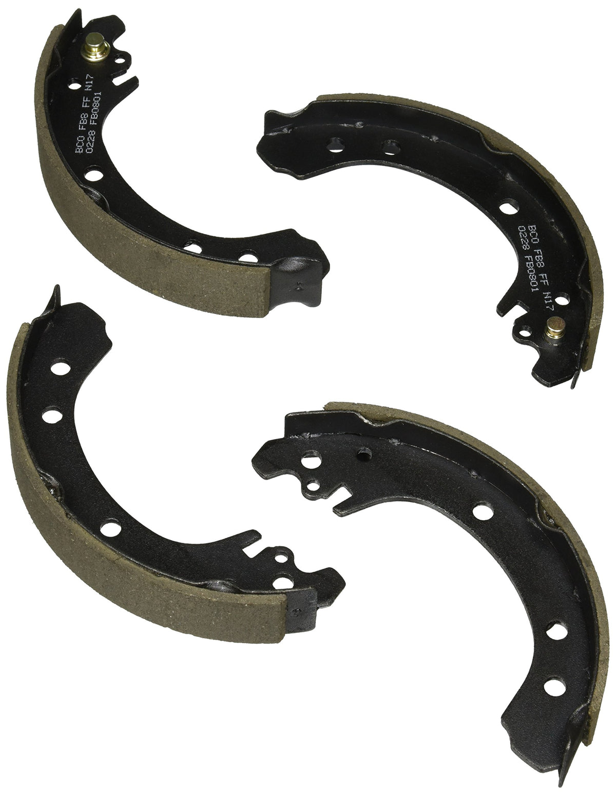 Bosch BS801 rear brake shoes front view showing fit and corrosion-resistant coating benefit