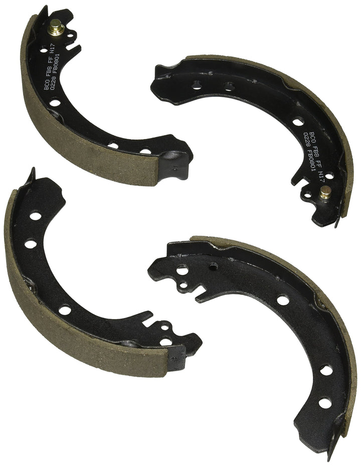 Bosch BS801 rear brake shoes front view showing fit and corrosion-resistant coating benefit