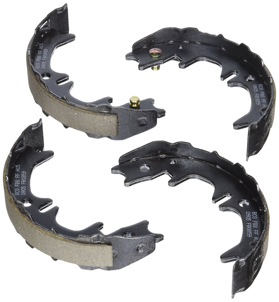 Bosch BS859 front view showing brake shoe pair and clear OE-style fit benefit