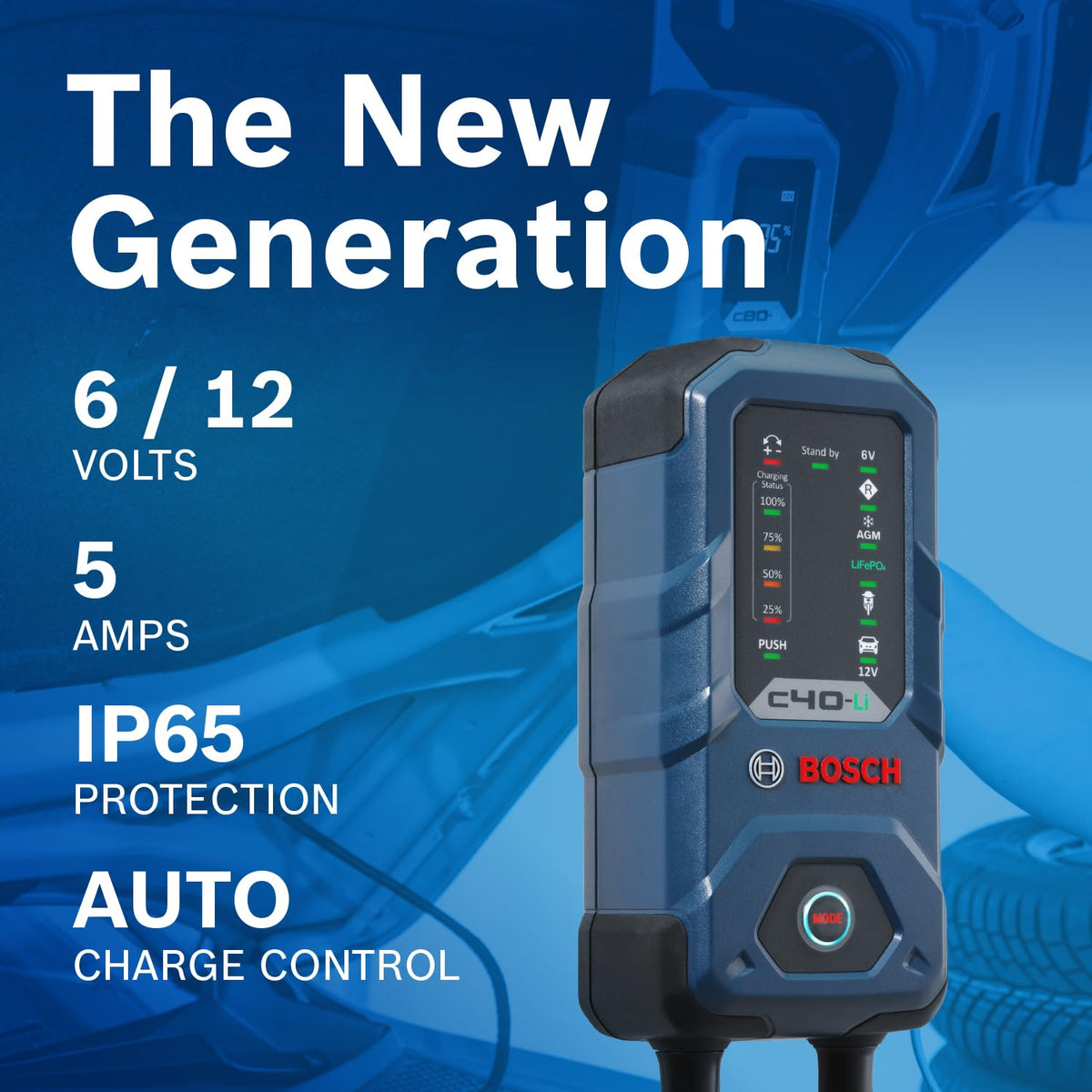 Bosch C40‑Li closeup of display and buttons for simple, intuitive selection