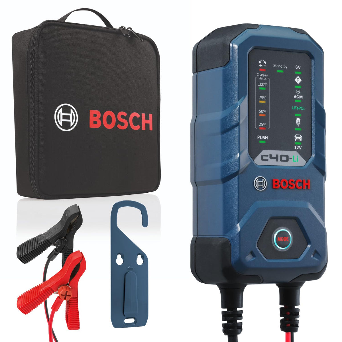 Bosch C40‑Li front panel showing ports and LED indicators for quick status checks
