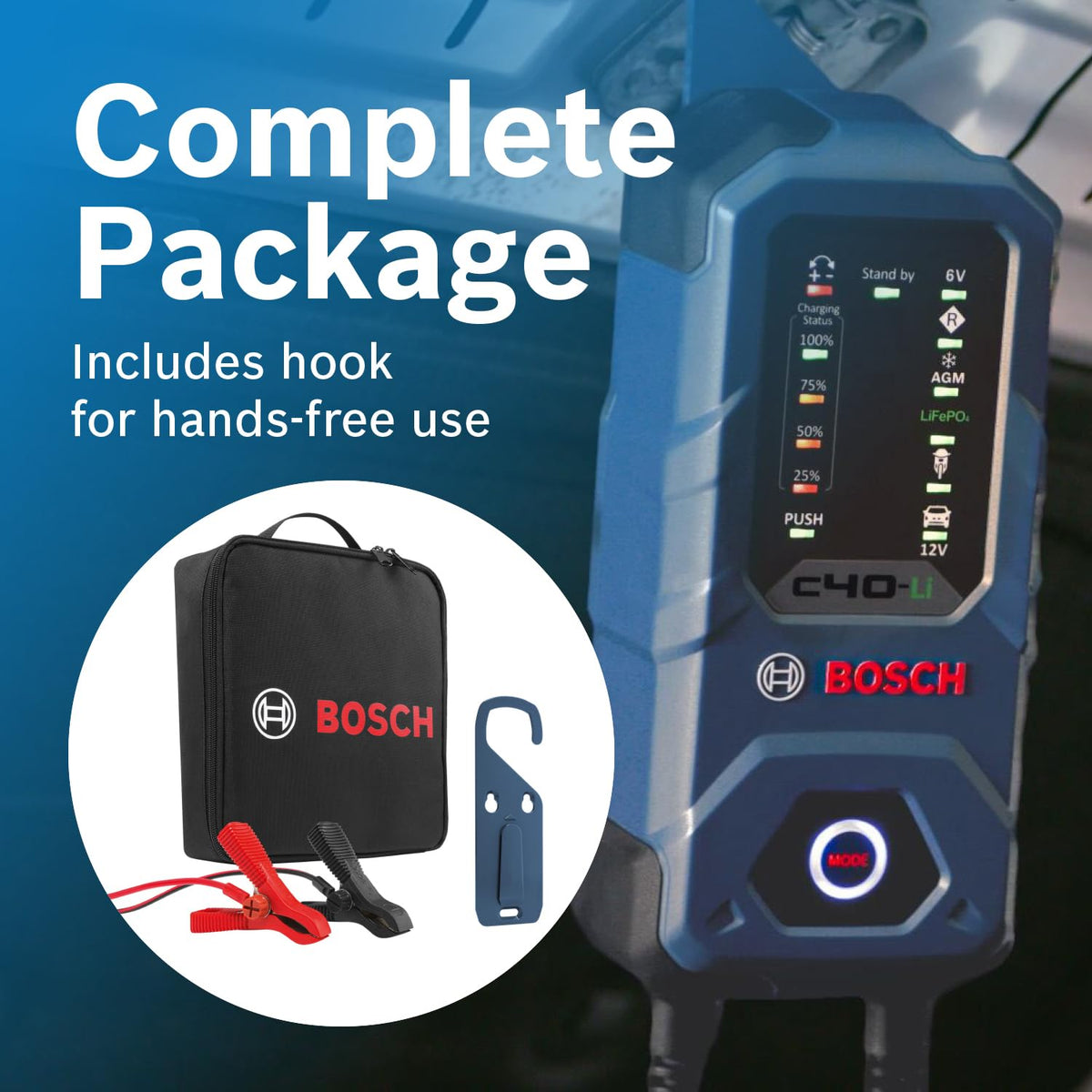 Bosch C40‑Li soft storage bag and accessories for convenient transport