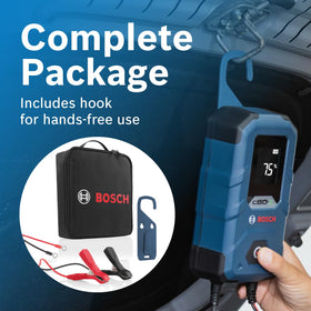 Bosch C80-Li connected to a motorcycle battery demonstrating maintenance charging