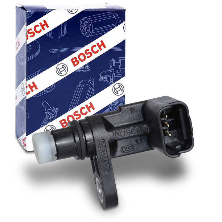 Bosch camshaft sensor front view showing housing and exact OE fit benefit
