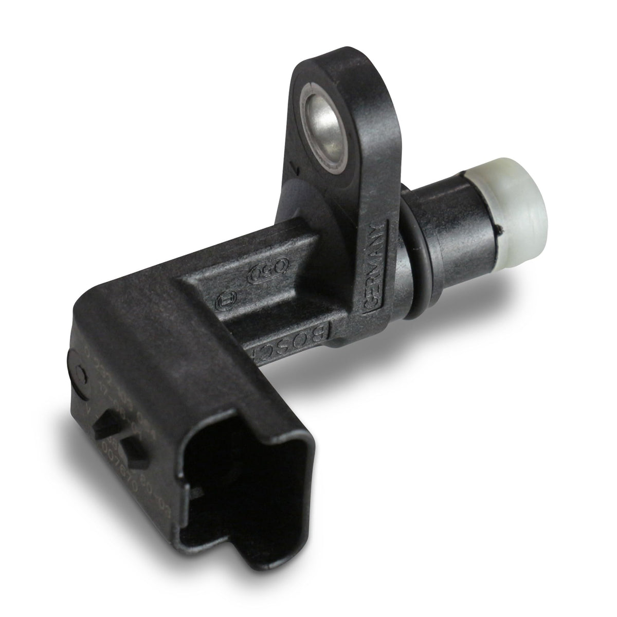 Bosch camshaft sensor beside ruler for scale showing accurate fit benefit