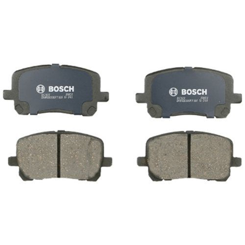 Bosch ceramic pad closeup highlighting friction surface and molded shim for quiet stops