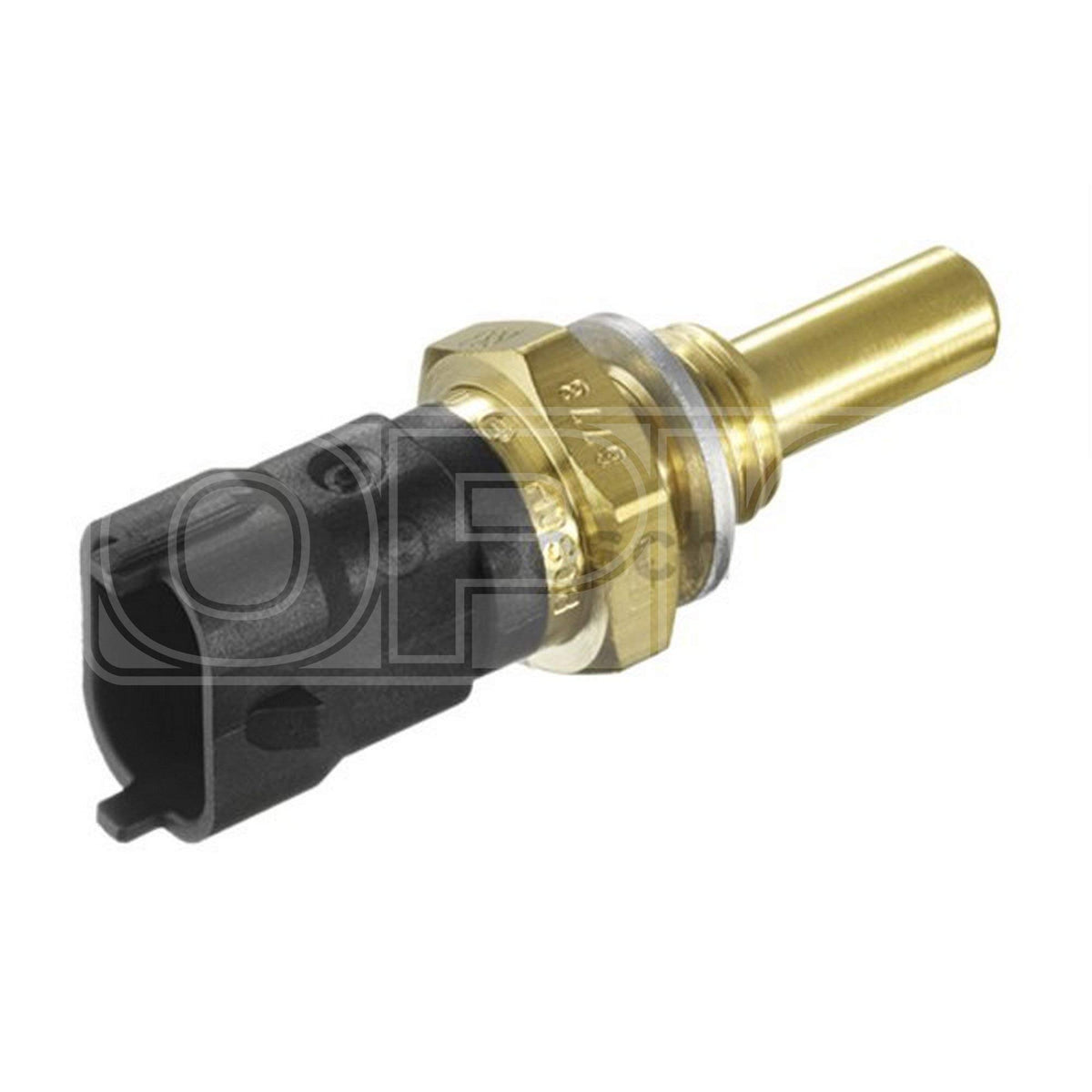 Bosch coolant temperature sensor front view showing connector and metal tip, reliable swap-in performance