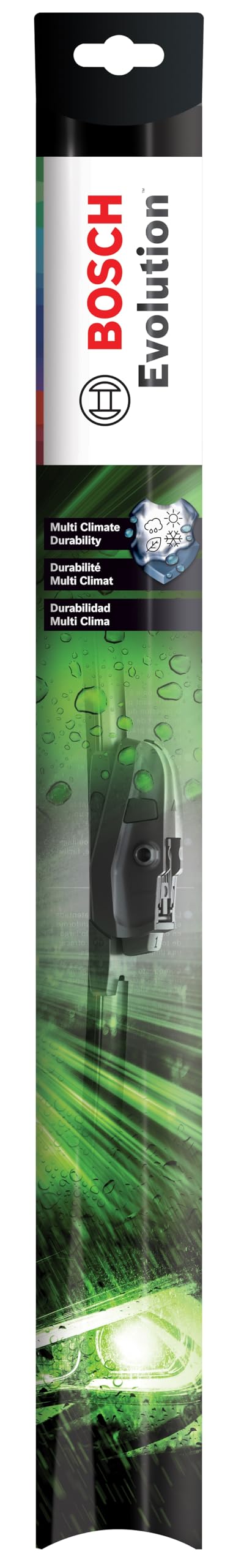 Bosch EVO16 front packaging showing product and size, reliable fit benefit