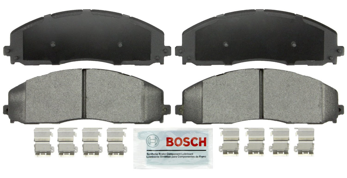Bosch front pad packaging showing pads and hardware, benefits durable quiet braking