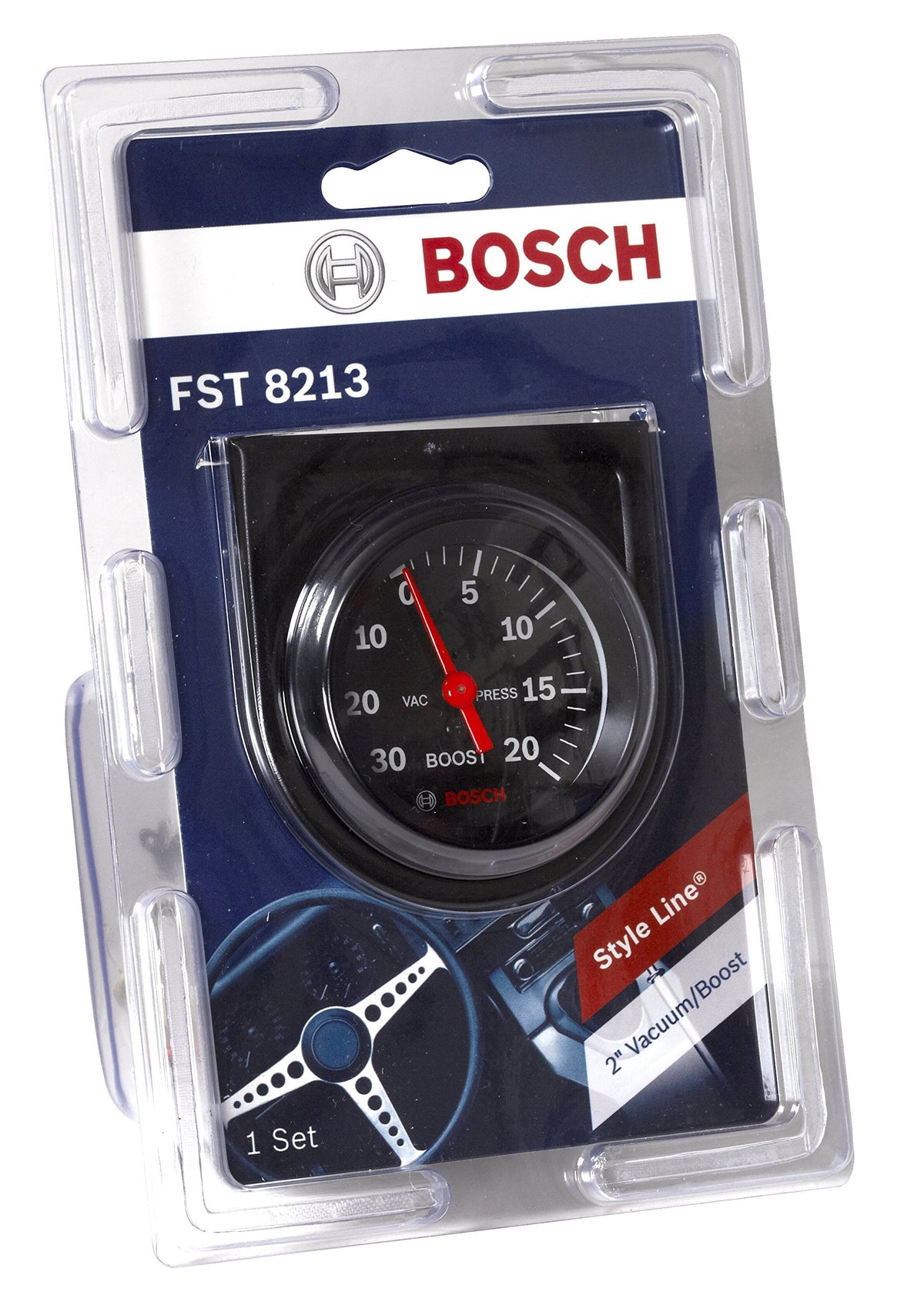 Bosch gauge mounted in car dashboard demonstrating compact fit and easy integration