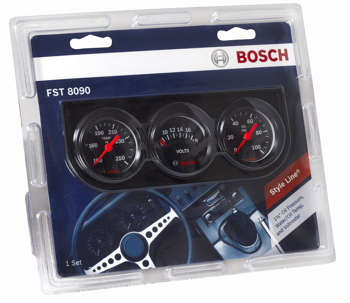 Bosch triple gauge installed in dashboard, demonstrating compact fit and nighttime visibility