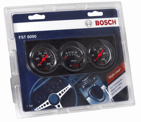 Bosch triple gauge installed in dashboard, demonstrating compact fit and nighttime visibility