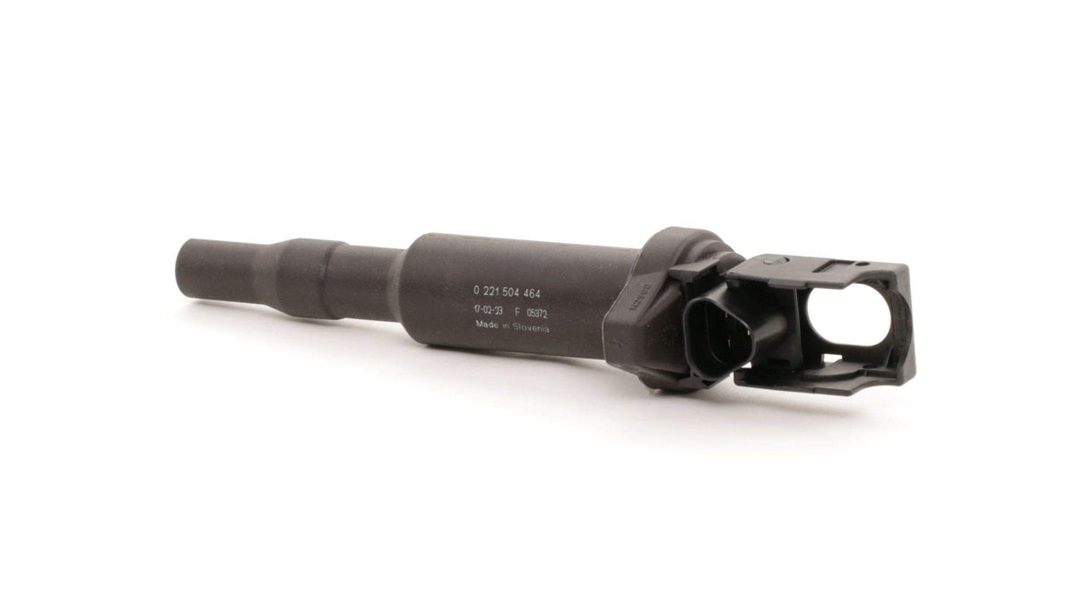 Bosch ignition coil front view showing connector and body, Bosch reliability benefit