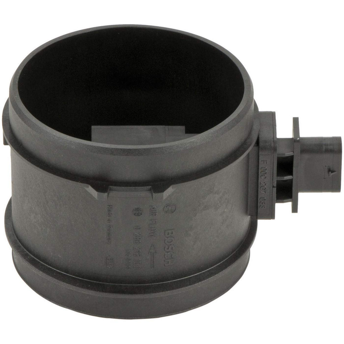 Bosch MAF sensor next to ruler for scale showing compact, OEM-correct size