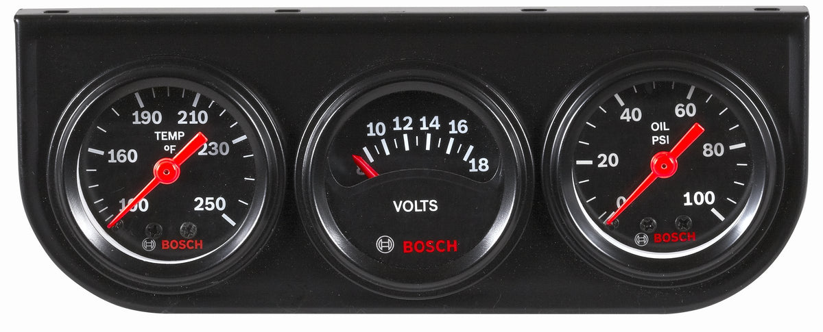 Bosch mini triple gauge front view showing black dial face and bezel, clear readable display