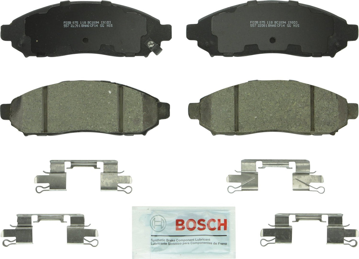 Bosch QuietCast BC1094 front pads packaging showing included hardware and lubricant benefit
