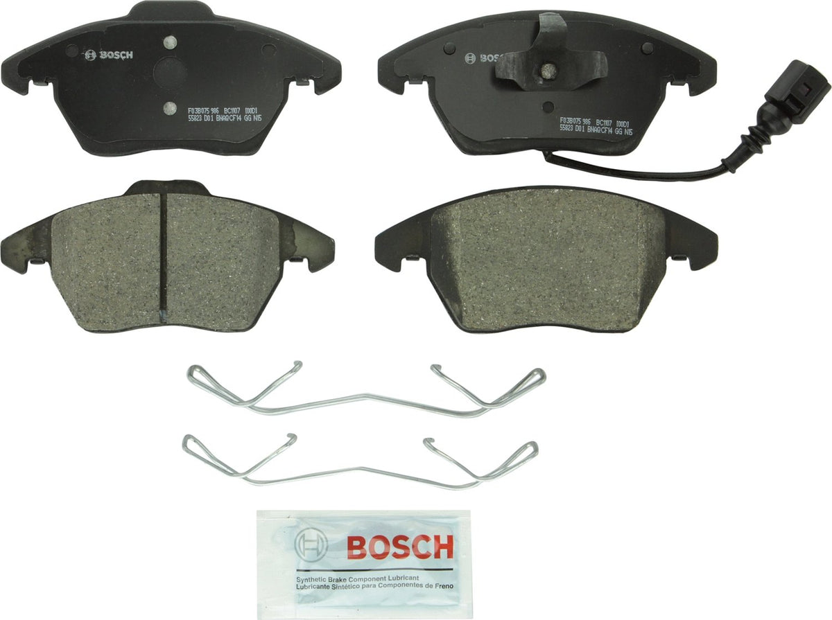 Bosch QuietCast BC1107 front-packaging showing pads and hardware for easy identification and confident purchase
