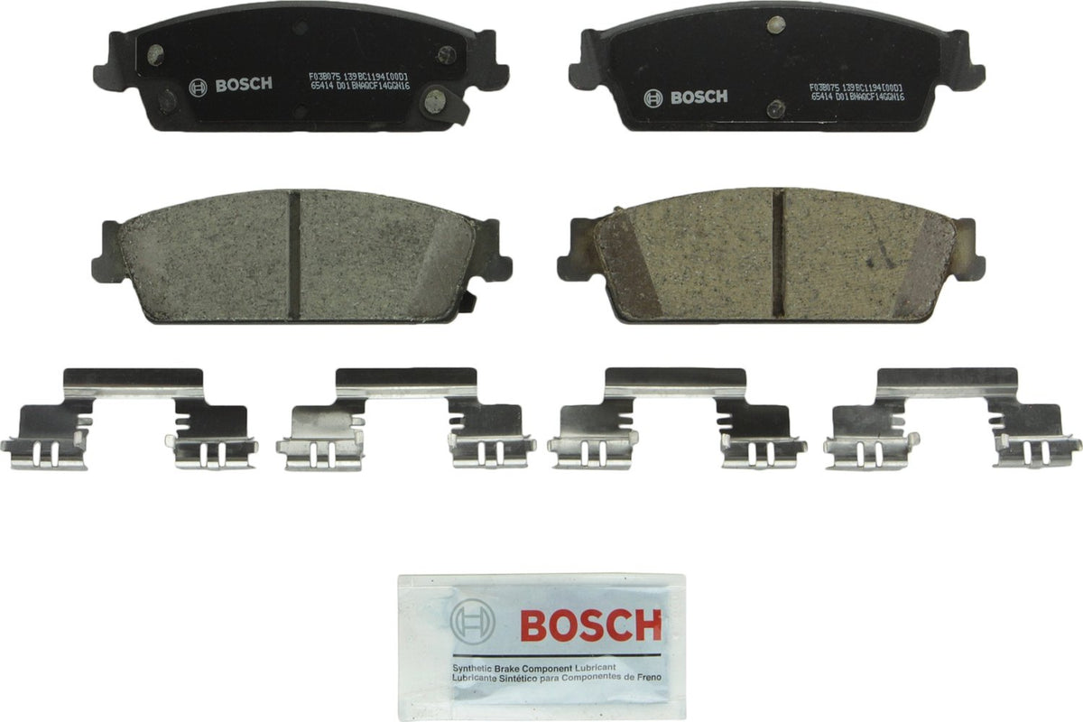Bosch QuietCast BC1194 front view showing pads and hardware, reliable OE-style fit