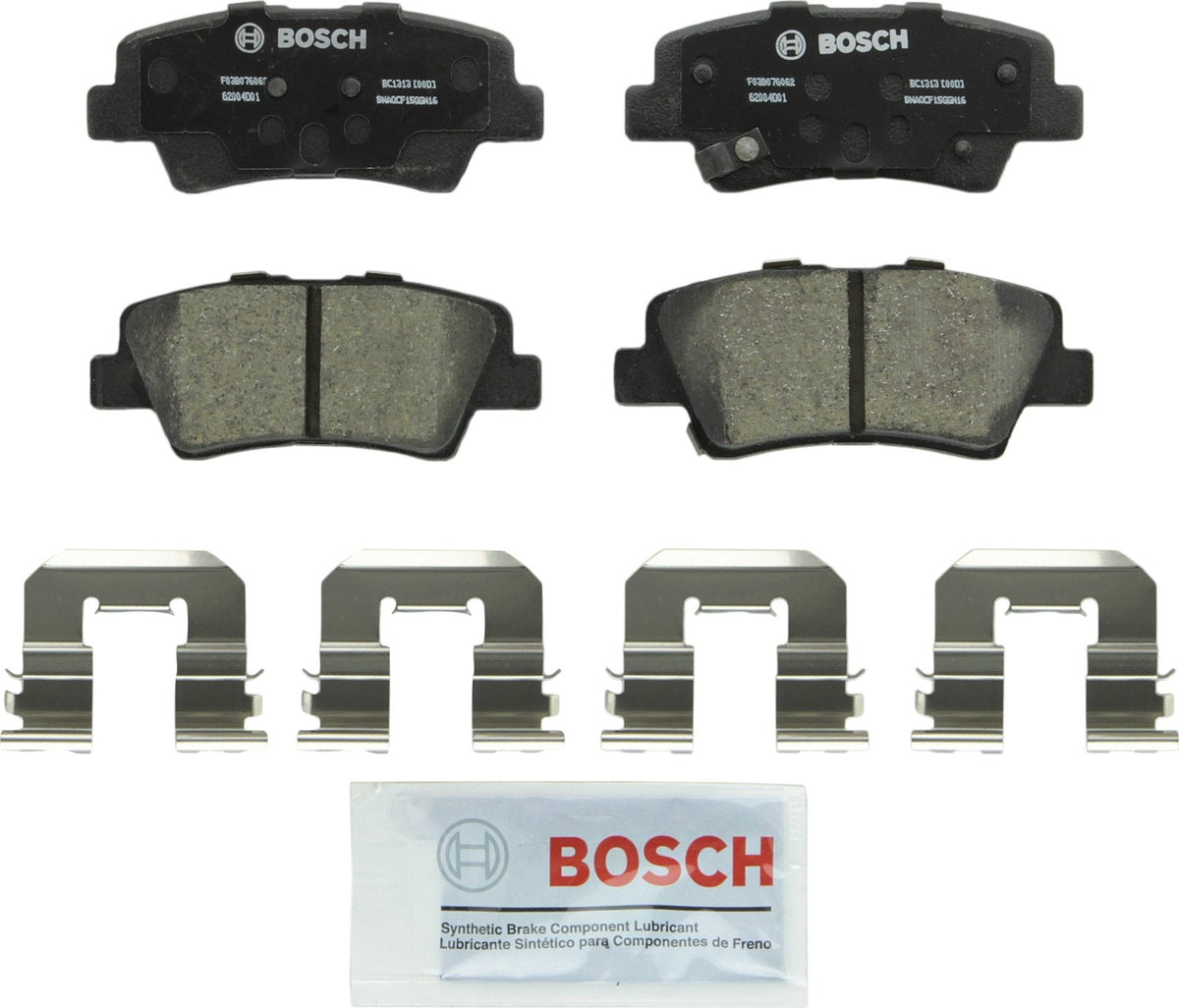 Bosch QuietCast BC1313 rear pads front view showing full set and included hardware for easy install