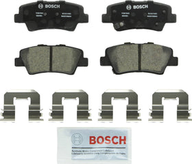 Bosch QuietCast BC1313 rear pads front view showing full set and included hardware for easy install