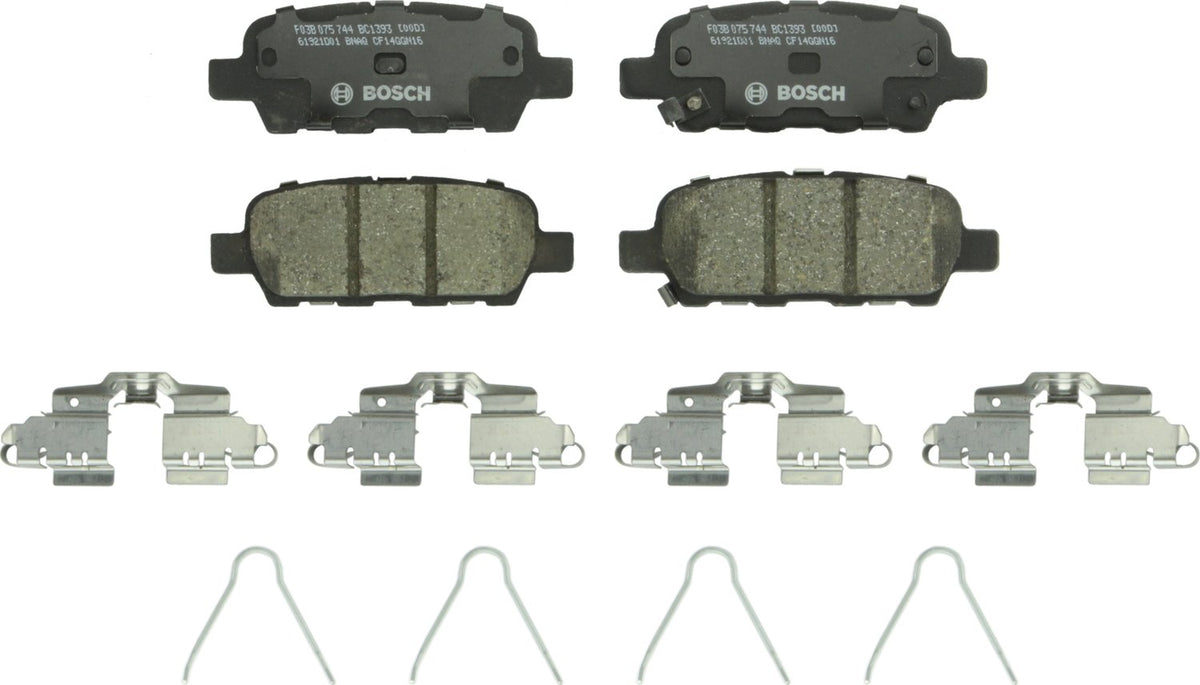 Bosch QuietCast BC1393 rear packaging showing included pads and hardware for easy install benefit