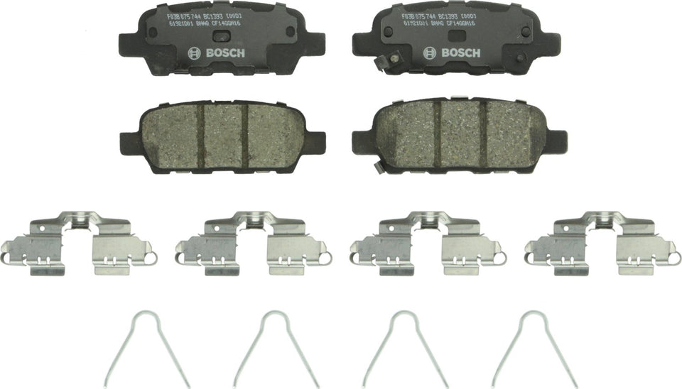 Bosch QuietCast BC1393 rear packaging showing included pads and hardware for easy install benefit