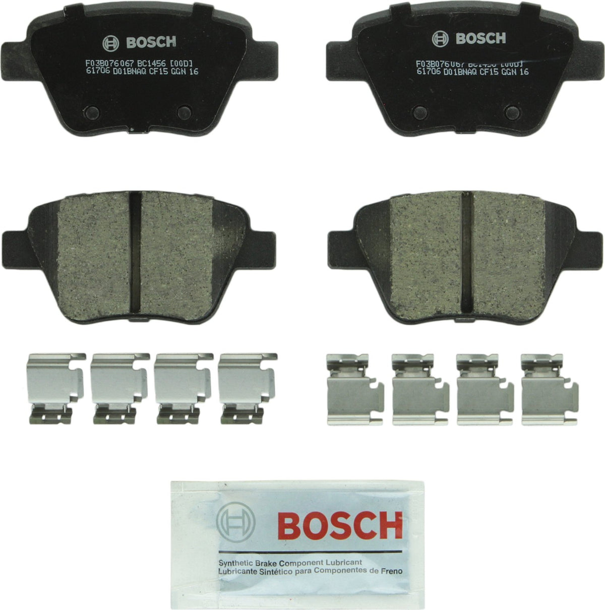 Bosch QuietCast BC1456 front view showing pad set packaging and ready-to-install kit benefit