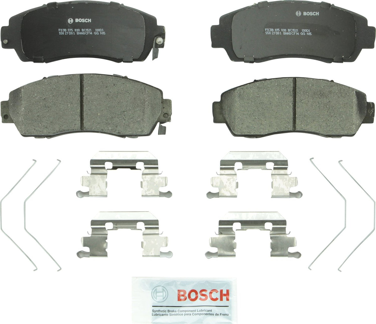 Bosch QuietCast BC1521 front packaging showing complete axle pad set and hardware