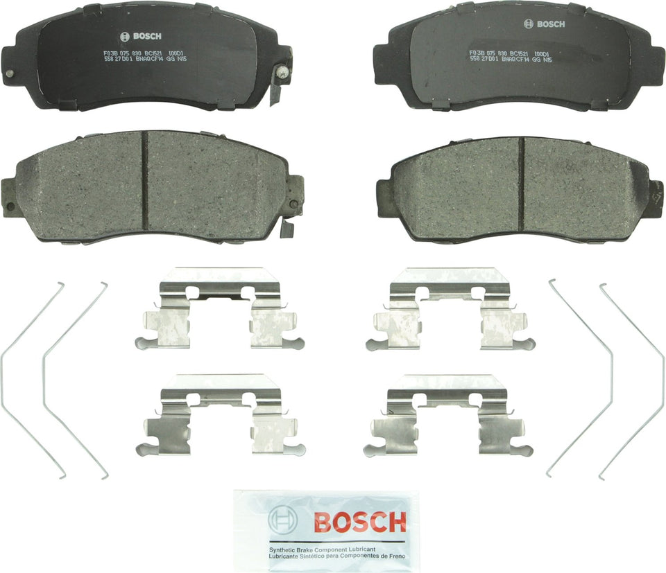 Bosch QuietCast BC1521 front packaging showing complete axle pad set and hardware