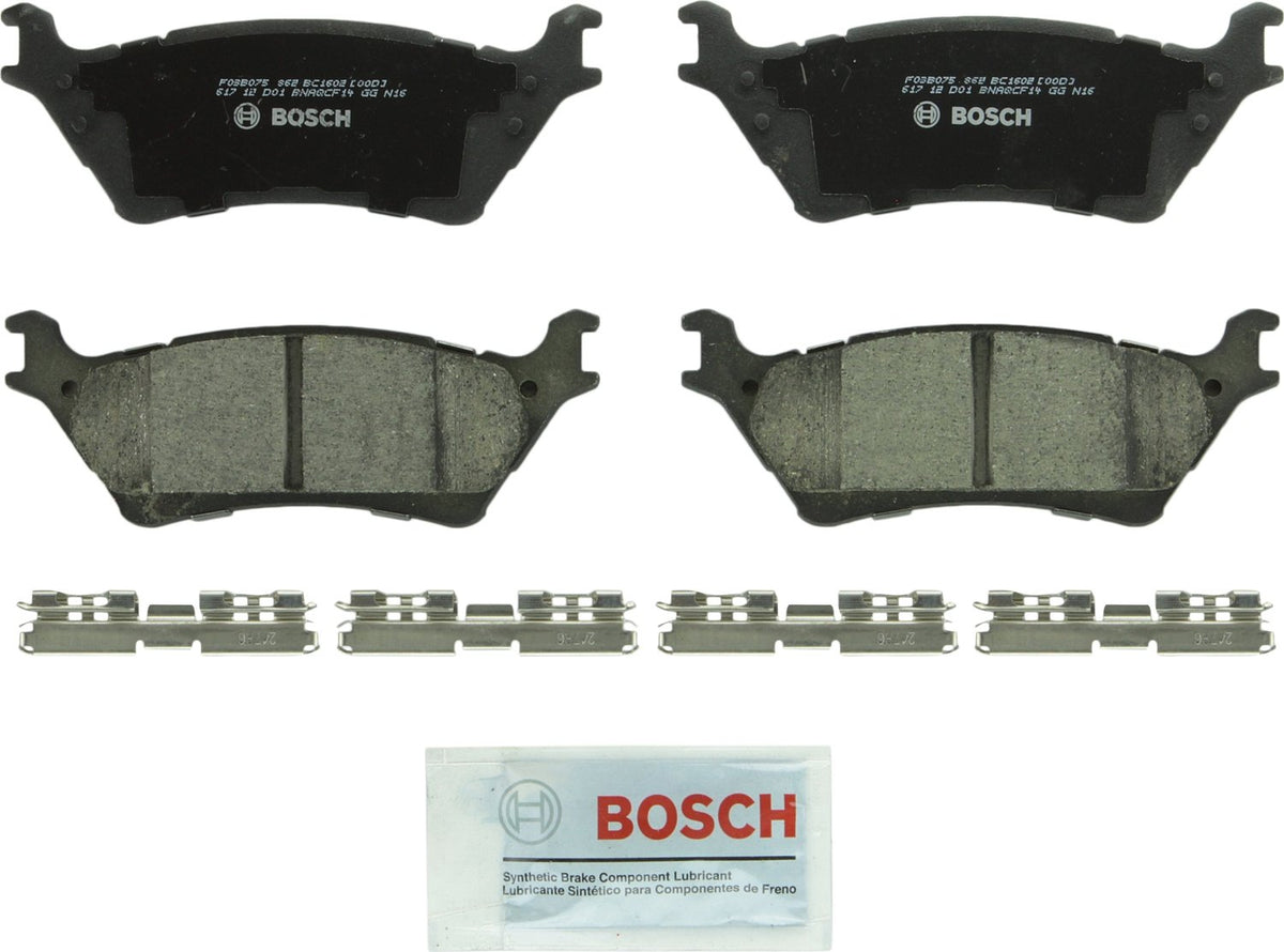 Bosch QuietCast BC1602 rear packaging showing pads and included hardware, reliable OE-fit benefit