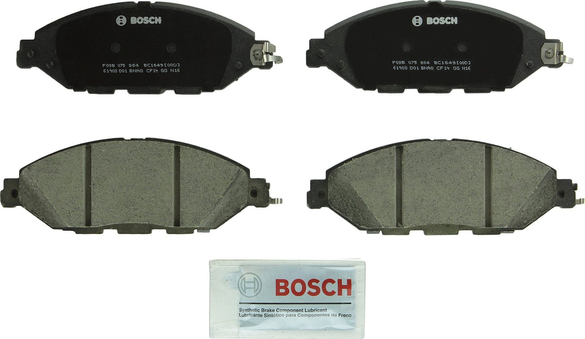 Bosch QuietCast BC1649 front package view showing pads and hardware for precise fit