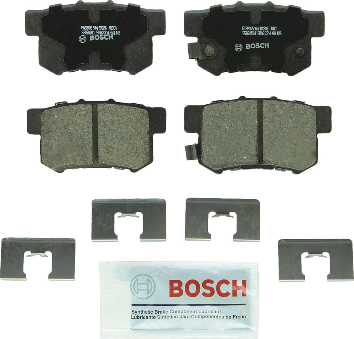 bosch QuietCast box front view showing ready-to-install rear pad set and benefits
