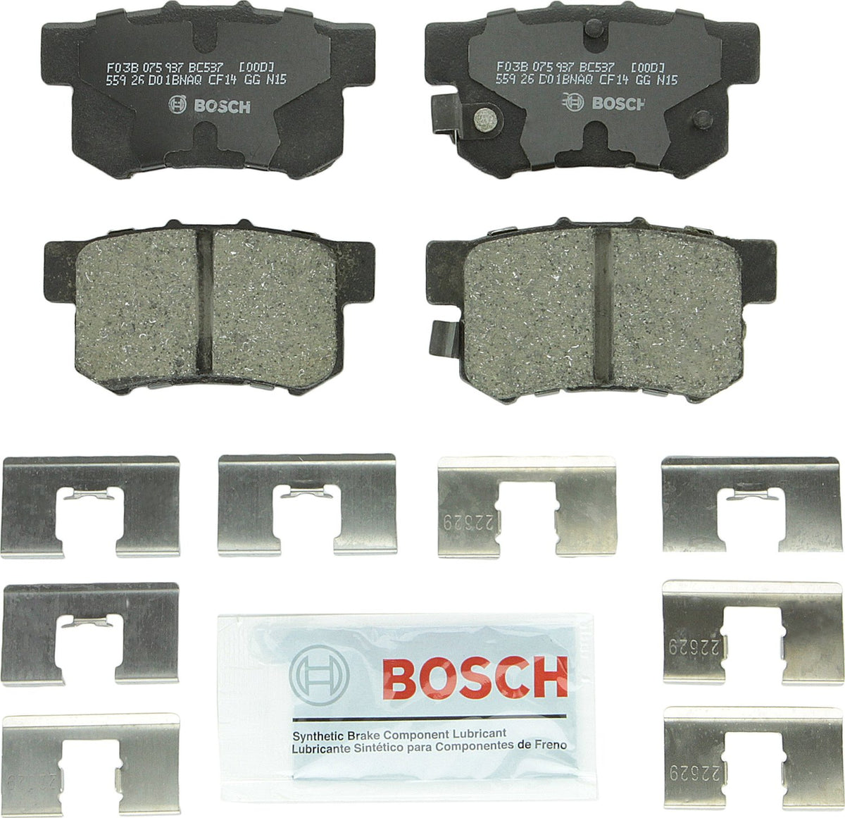 Bosch QuietCast BC537 front view showing complete pad set and hardware, demonstrating fit quality