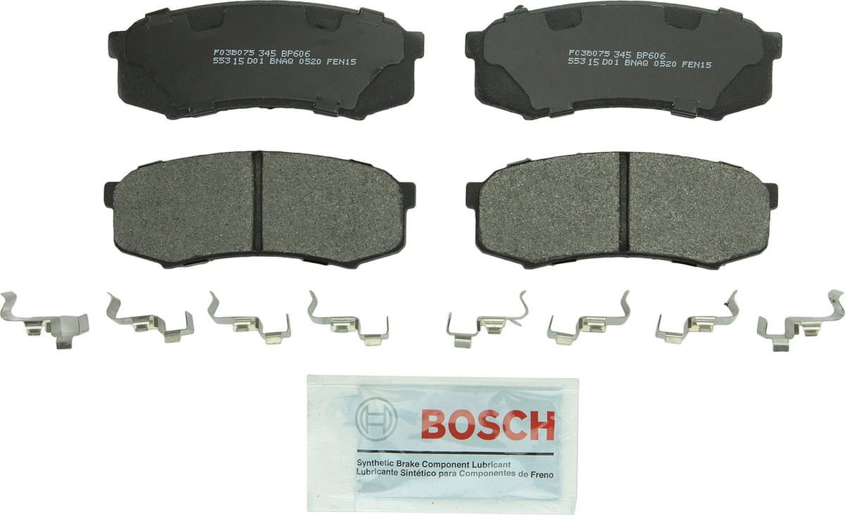 Bosch QuietCast BP606 packaging front view showing ready-to-install rear pads and hardware