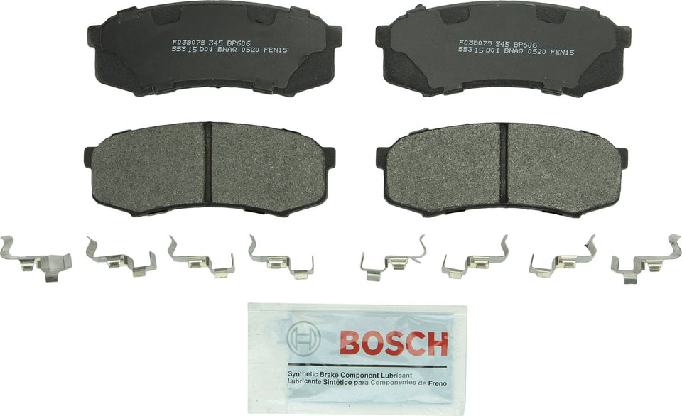Bosch QuietCast BP606 packaging front view showing ready-to-install rear pads and hardware