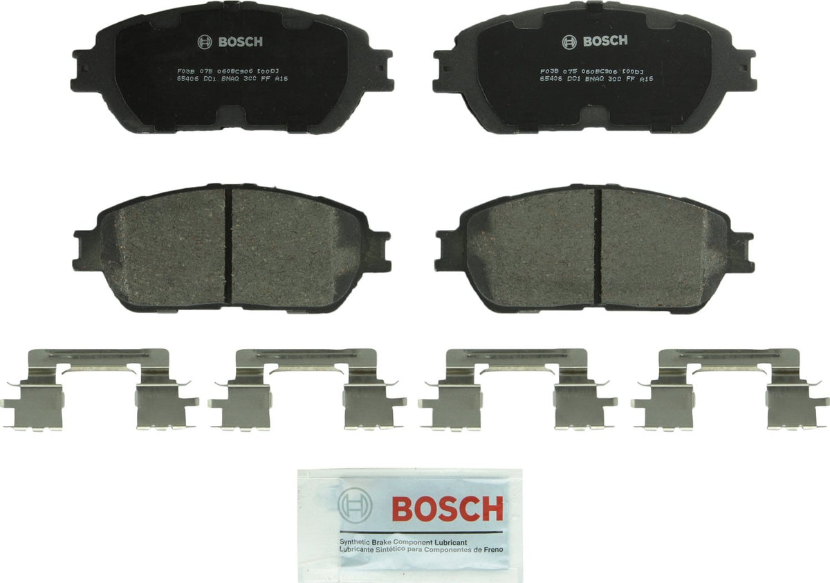 Bosch QuietCast front packaging showing pad set and hardware, indicating OE-quality fit