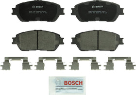 Bosch QuietCast front packaging showing pad set and hardware, indicating OE-quality fit
