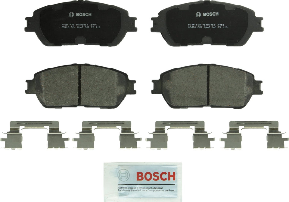 Bosch QuietCast front packaging showing pad set and hardware, indicating OE-quality fit