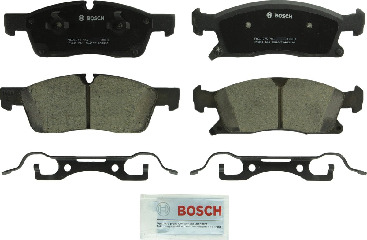 Bosch QuietCast front packaging showing full pad kit and included hardware benefits