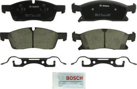 Bosch QuietCast front packaging showing full pad kit and included hardware benefits