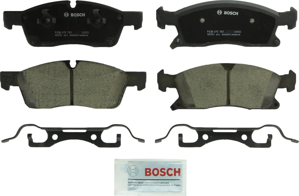 Bosch QuietCast front packaging showing full pad kit and included hardware benefits