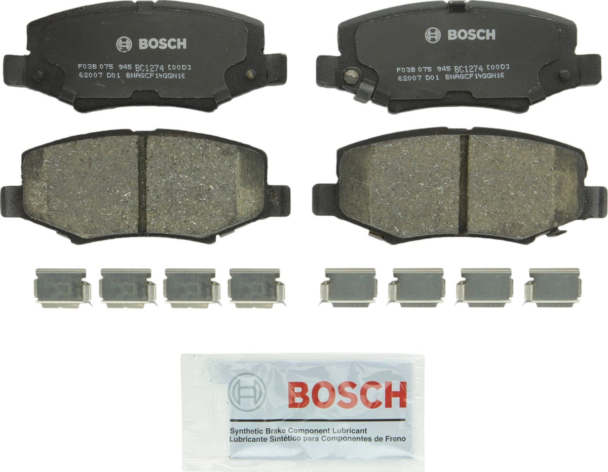 Bosch QuietCast front view showing pad set and benefits of quiet braking
