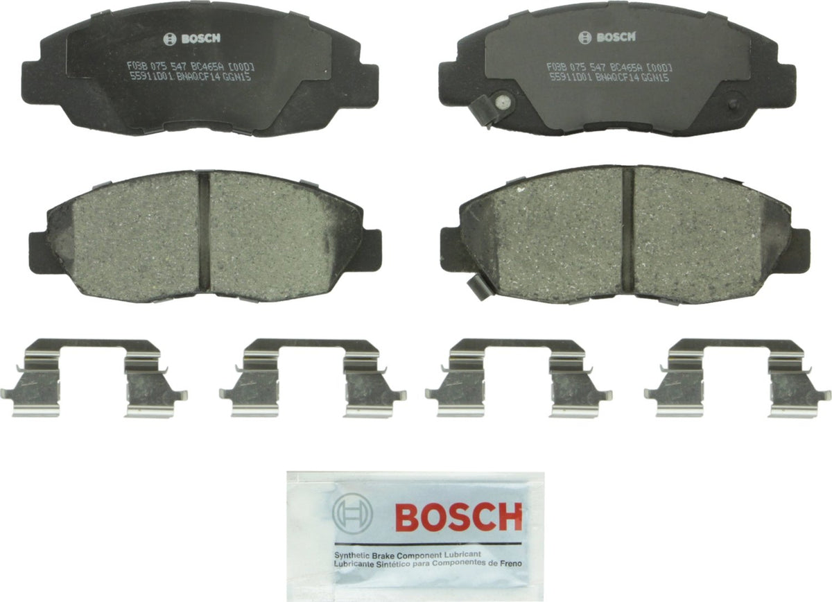 Bosch QuietCast front packaging showing pad set and hardware, highlighting reliable fit