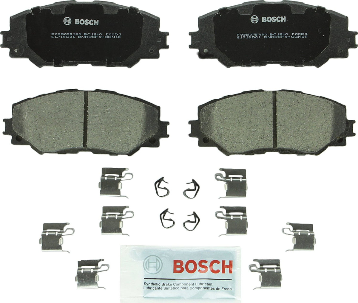Bosch QuietCast front pad overview showing durable coating and fit benefits