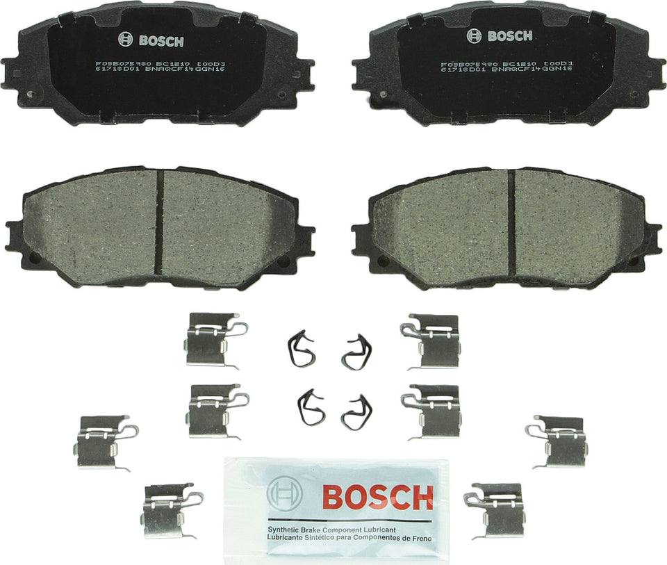 Bosch QuietCast front pad overview showing durable coating and fit benefits