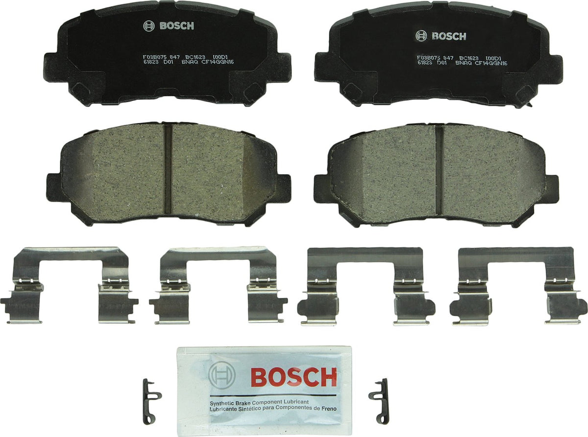 Bosch QuietCast front pads packaged showing brand and ready-to-install reliability