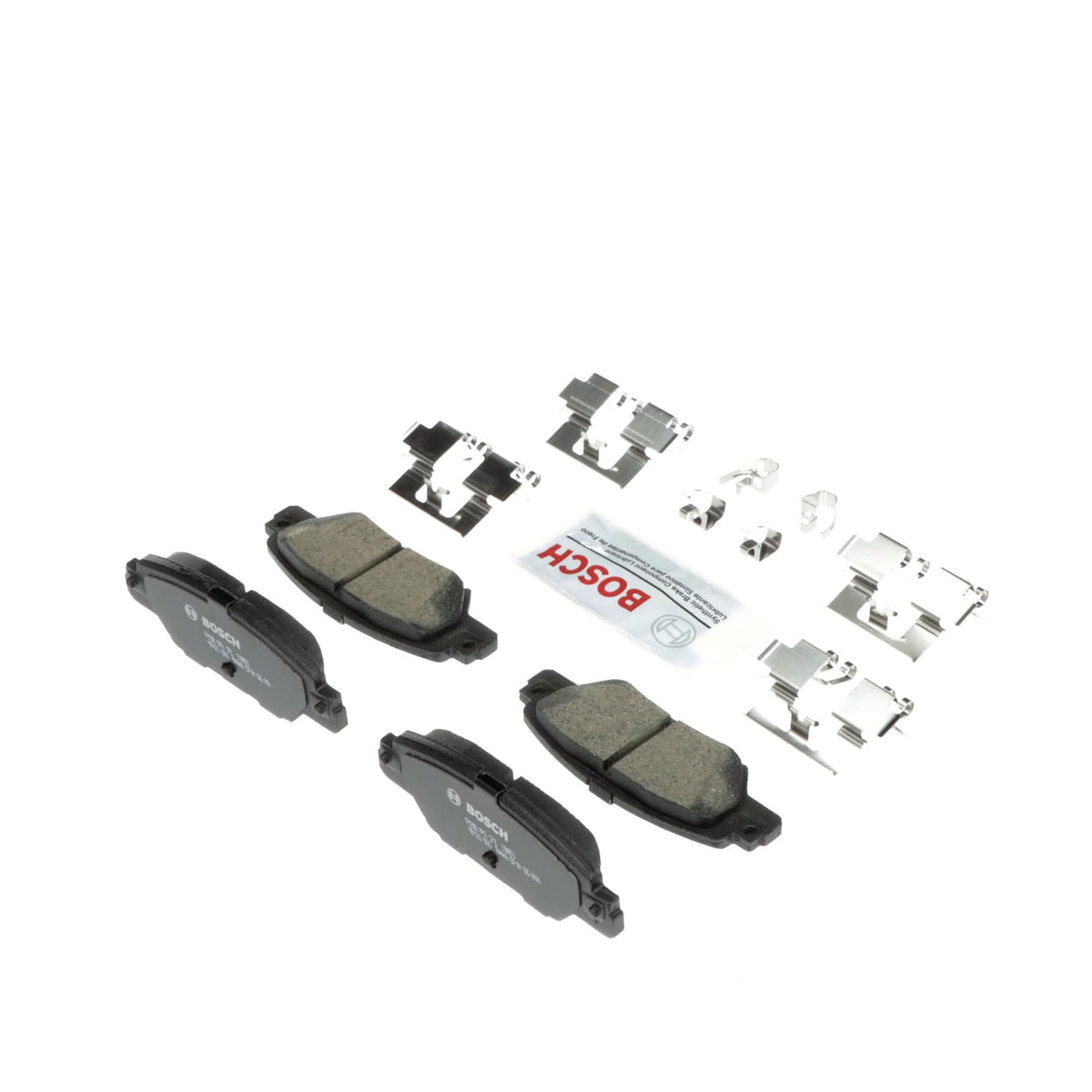 Bosch QuietCast pads installed on a vehicle rear brake demonstrating fit and quiet braking